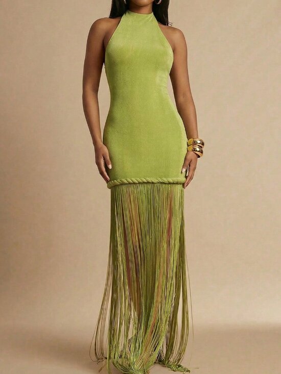 Dresses & Skirts - Green Sexy Halter Backless Fringed Dress Women's Long Beach Dress